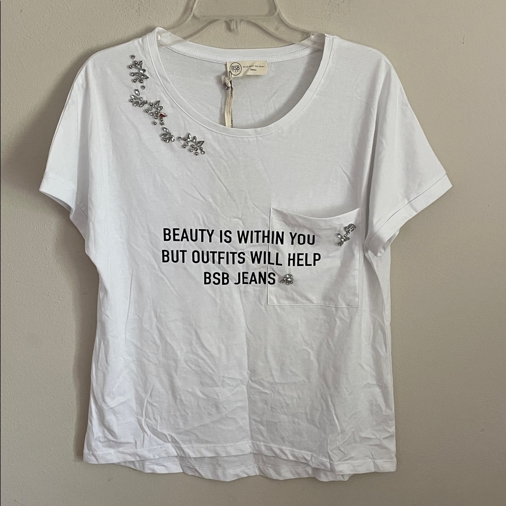 White Embellished T-Shirt S